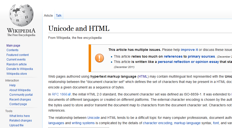 Wikipedia: Unicode and HTML
